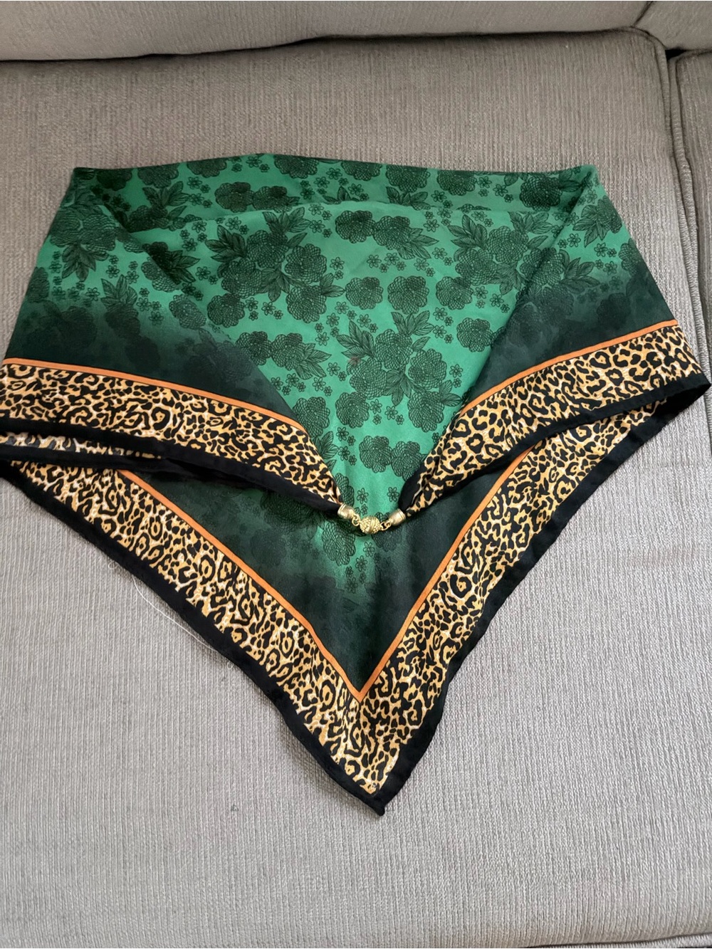 Green Floral & Leopard Print Silk Scarf